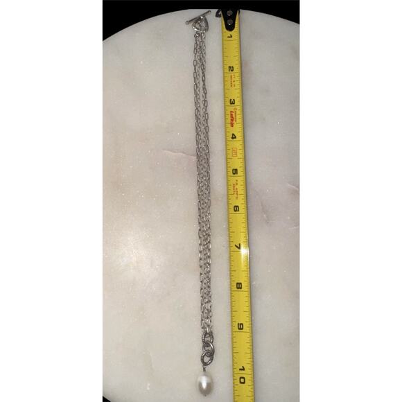 Silpada 925 Sterling Silver Double Chain Drop Necklace Pearl Pendant Toggle - Picture 6 of 6